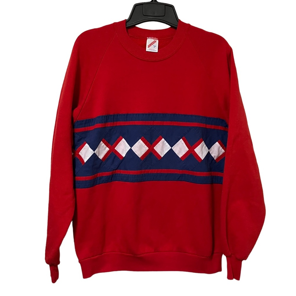 Vintage Homemade Quilted Red White and Blue Patched Sweatshirt